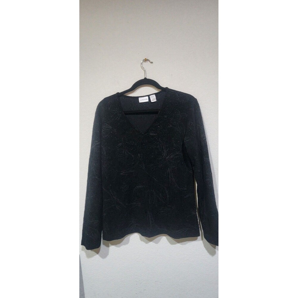 Chico’s Size 1  Black W/Silver Sparkles V-Neck  Sweater, long sleeves